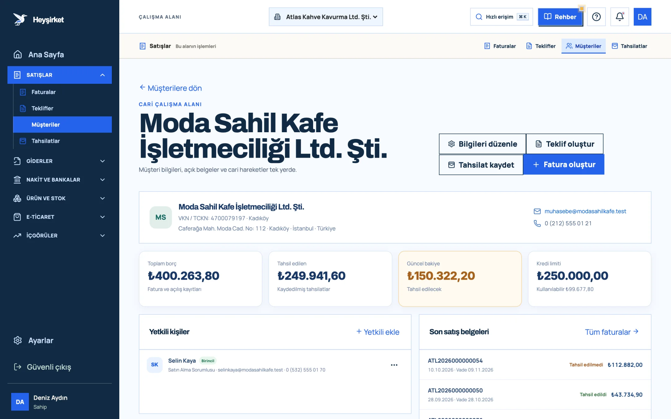 Müşteri çalışma alanı (cari kart)