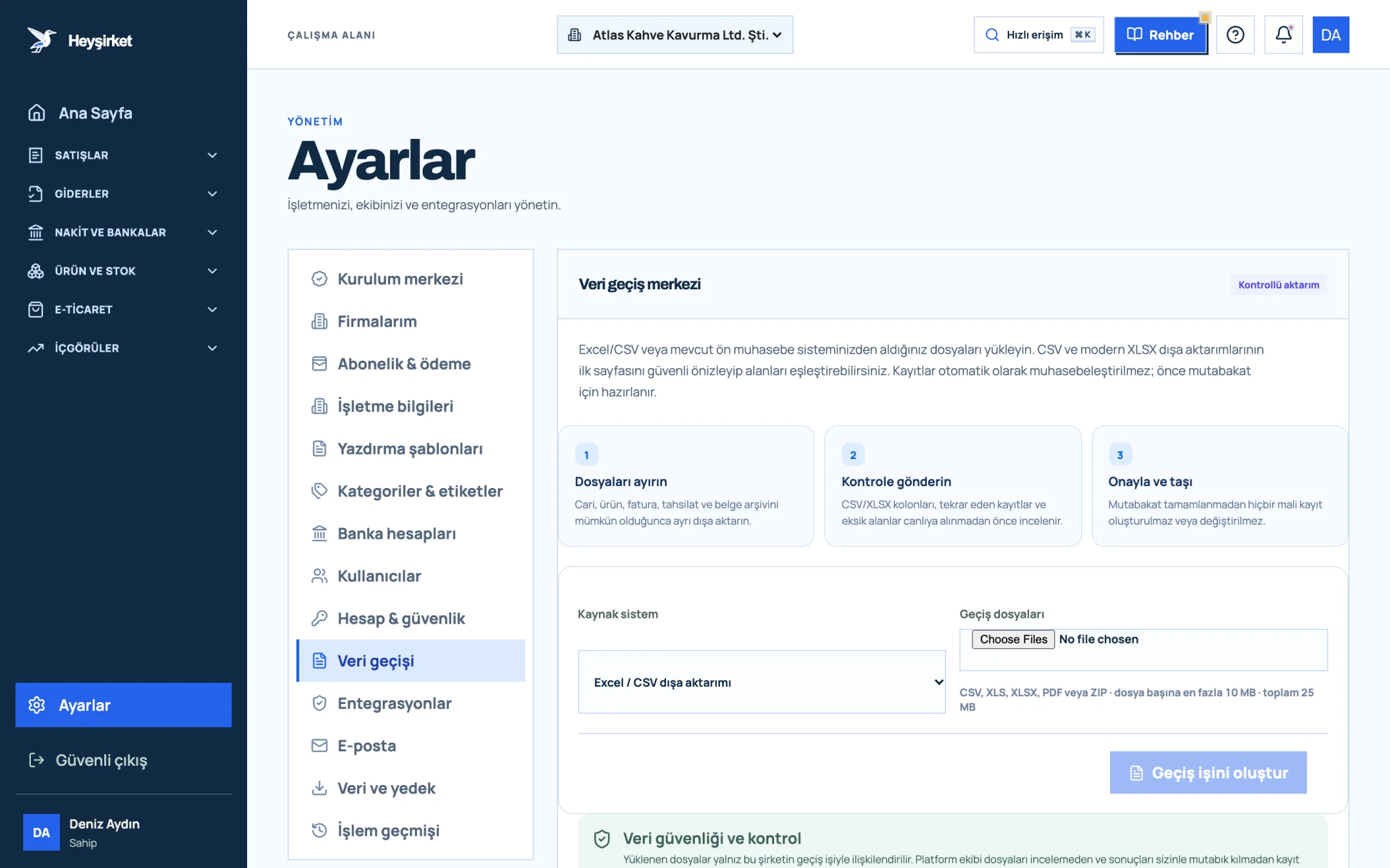 Ayarlar: Veri geçiş merkezi