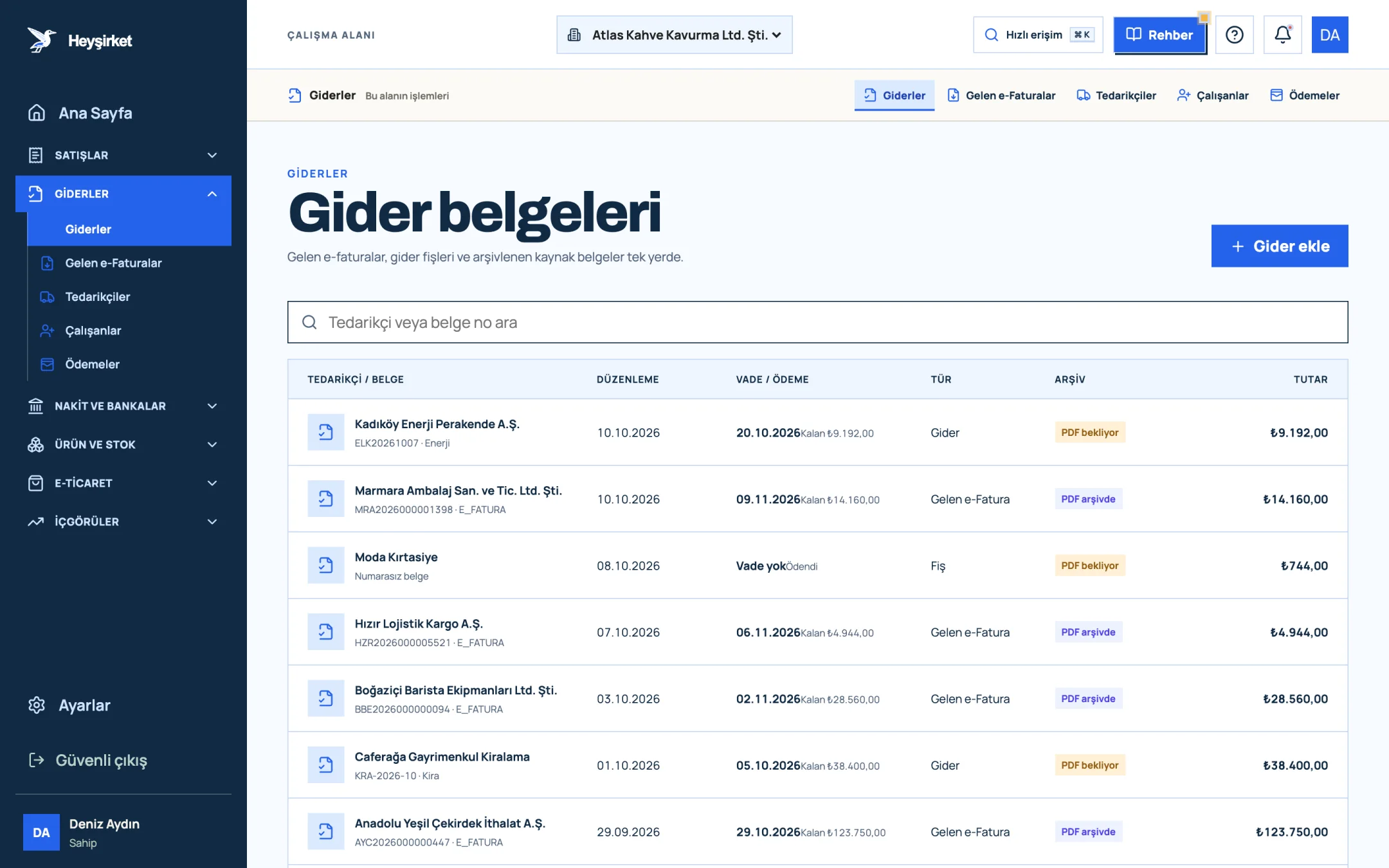 Gider belgeleri listesi