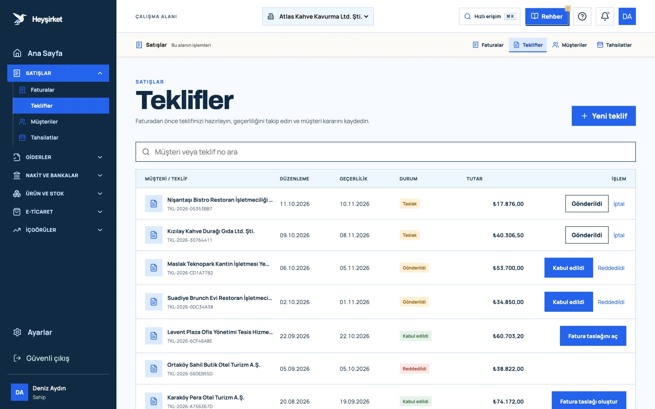 Teklifler listesi