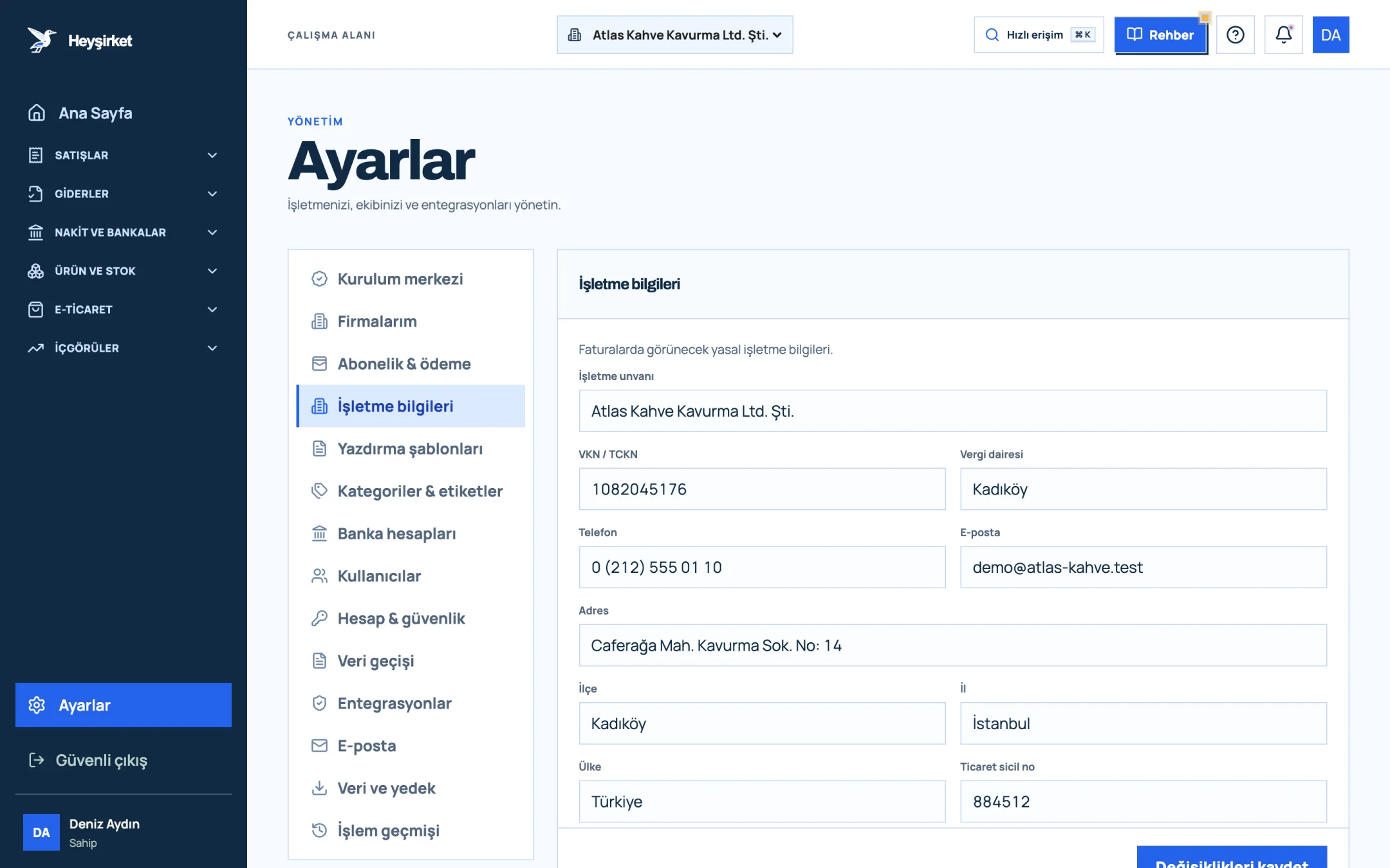 Ayarlar: İşletme bilgileri