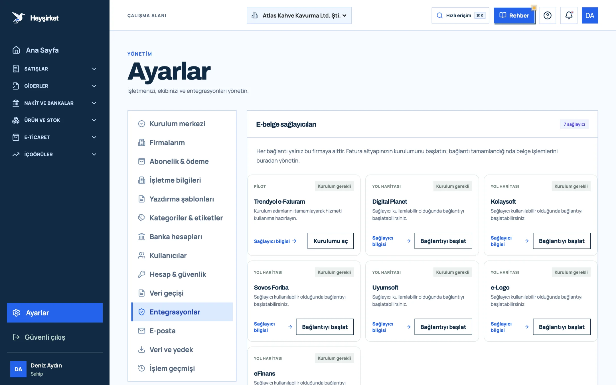 Ayarlar: E-belge sağlayıcıları
